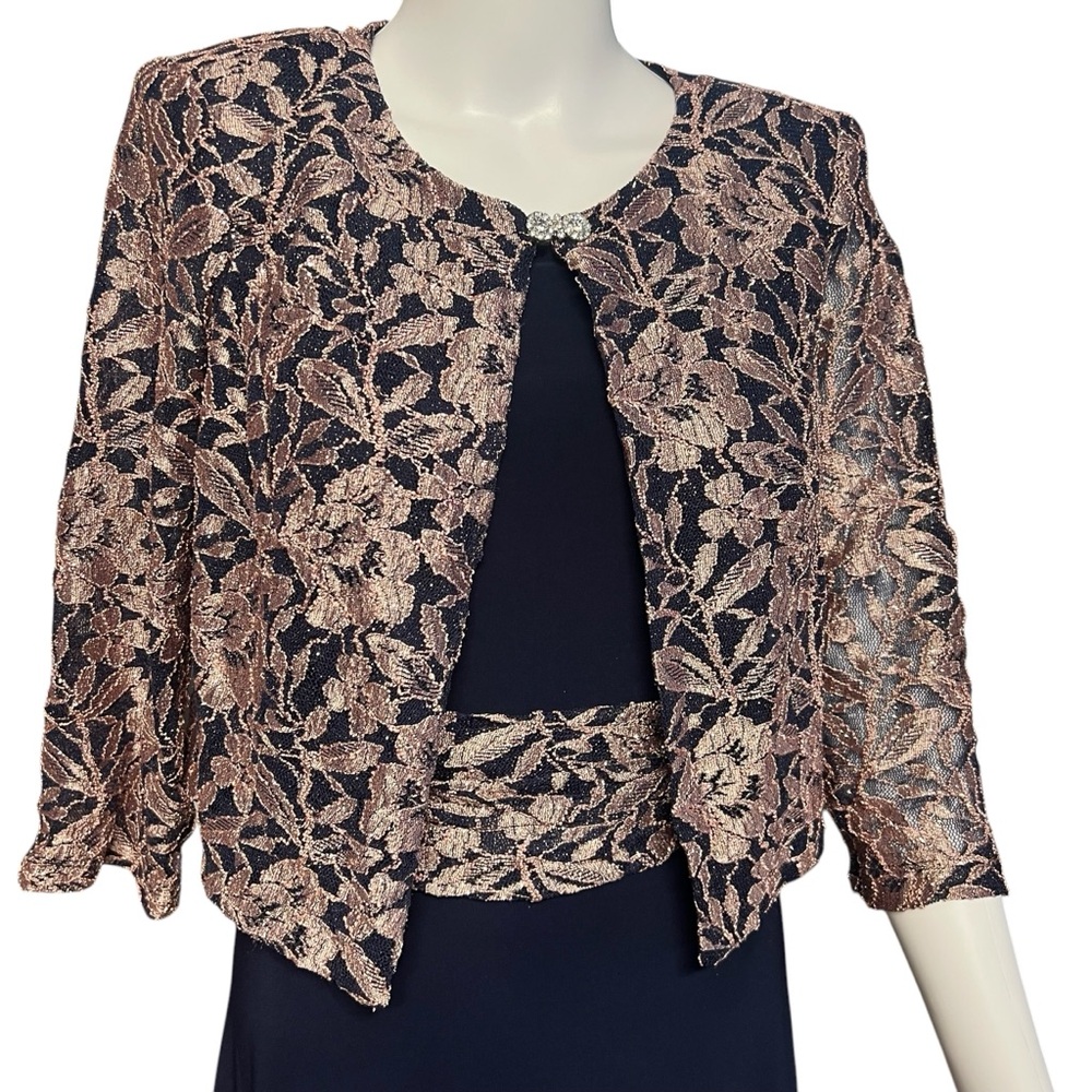 JH Evenings NWT Women’s Blue Midi A-Line Dress w/Jacket & Lace Detail Sz. 10 - Picture 2 of 6